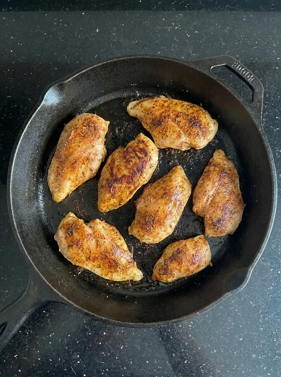 Chicken cooking in skillet turning golden brown