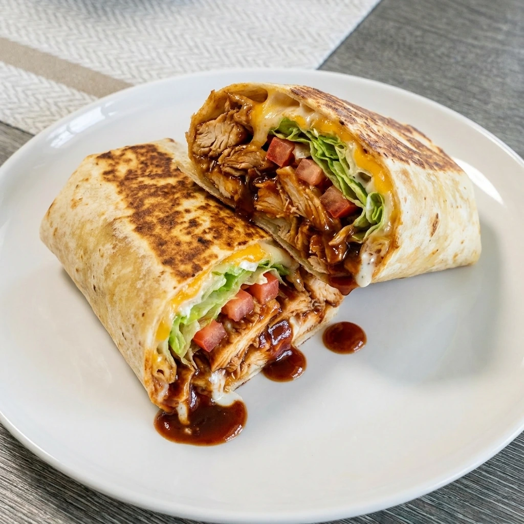 BBQ Ranch Chicken Wrap sliced showing juicy filling