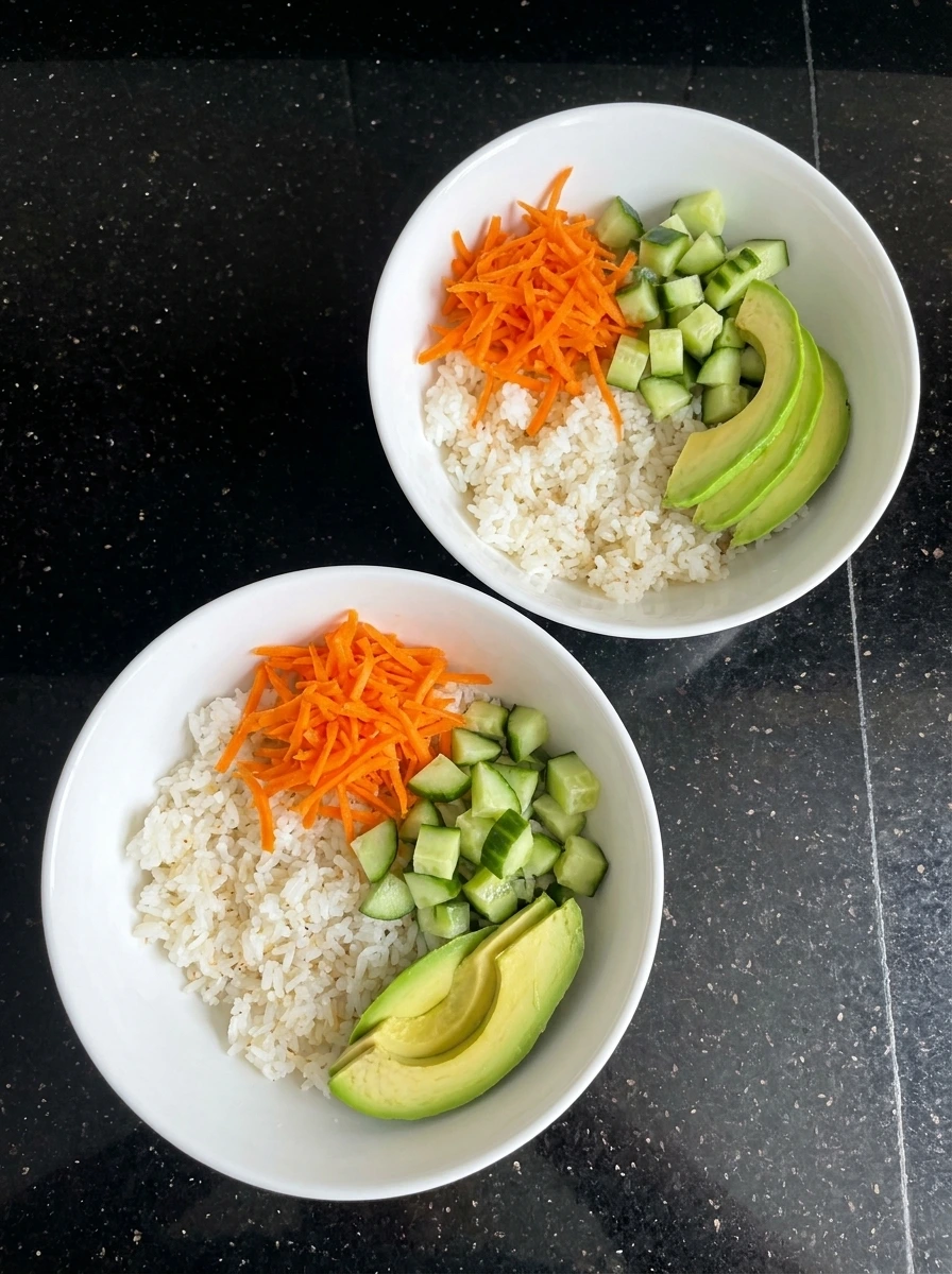Avocado cucumber and carrots over sushi rice