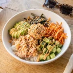 Homemade California Sushi Bowls with crab avocado and cucumber