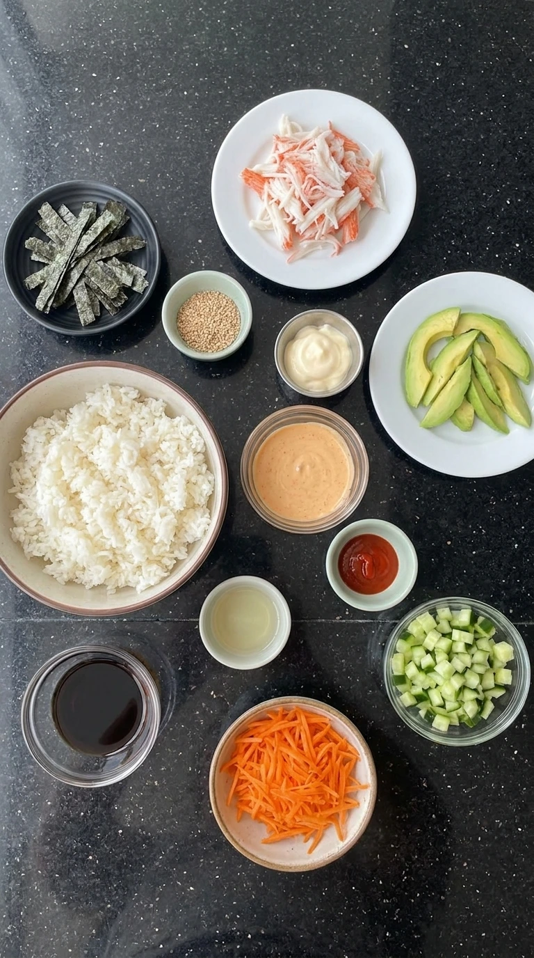 Ingredients for California Sushi Bowls in separate containers