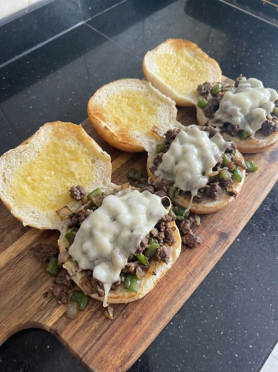 Cheesesteak Sloppy Joes assembled on toasted buns