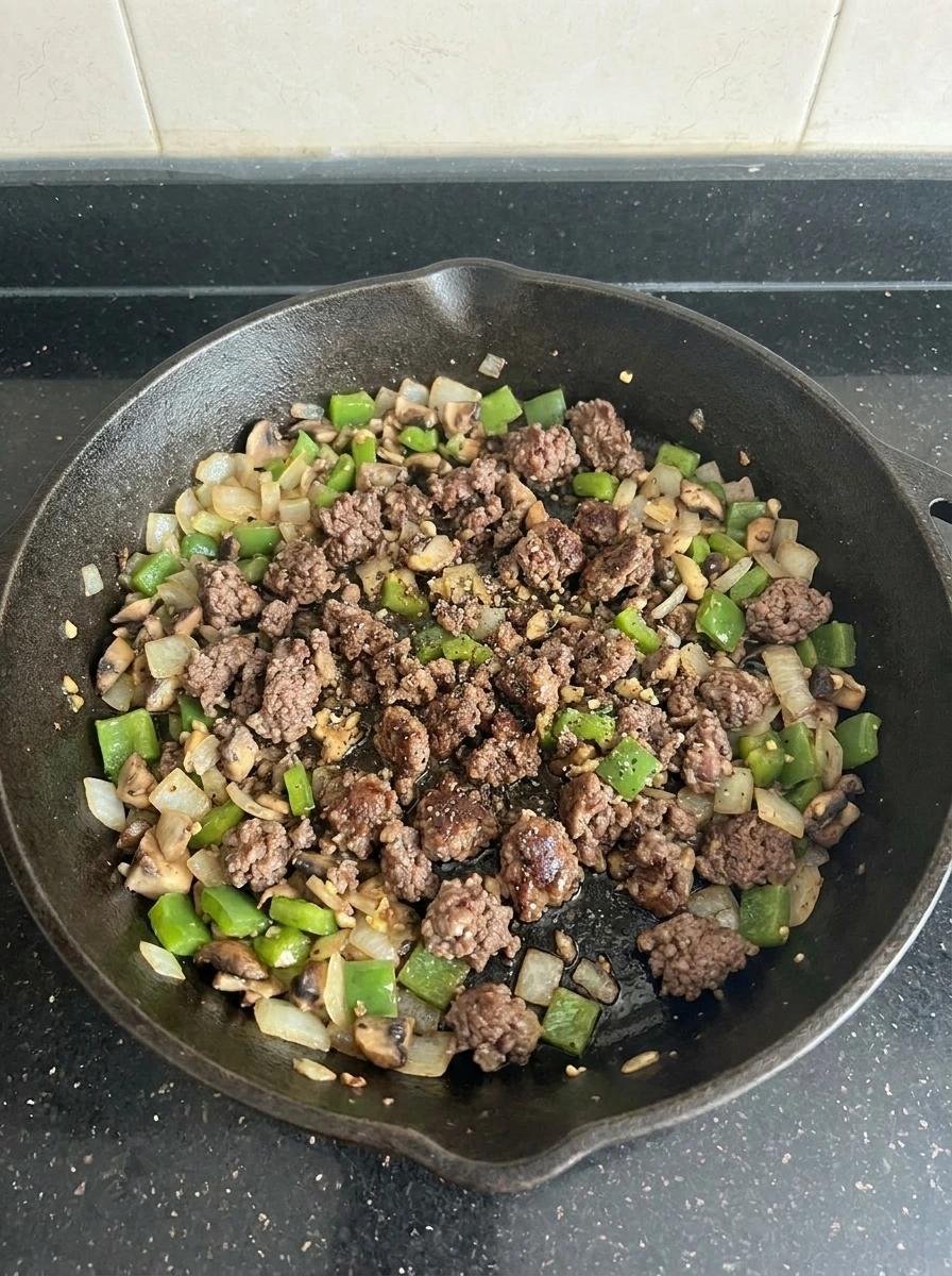 Beef and vegetables browning for Cheesesteak Sloppy Joes