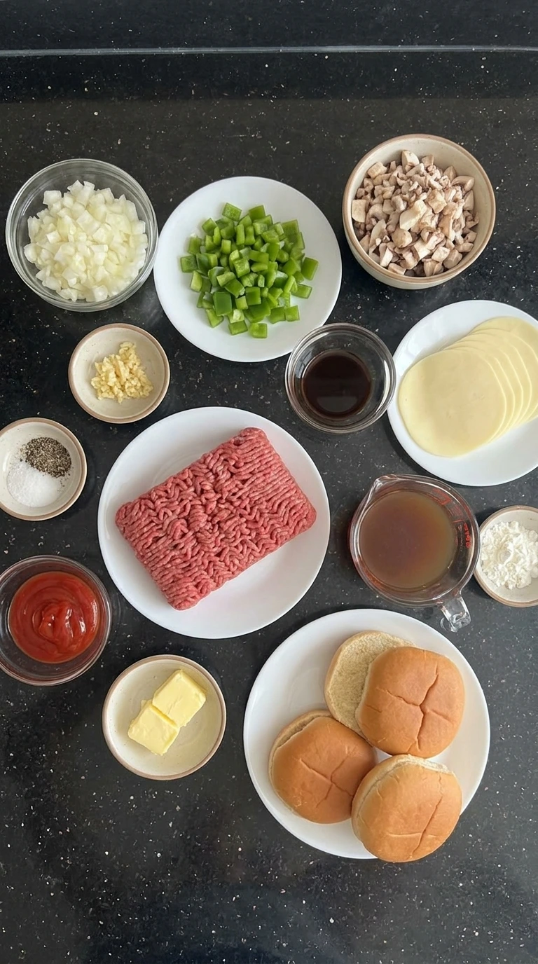 Ingredients for Cheesesteak Sloppy Joes arranged in separate bowls