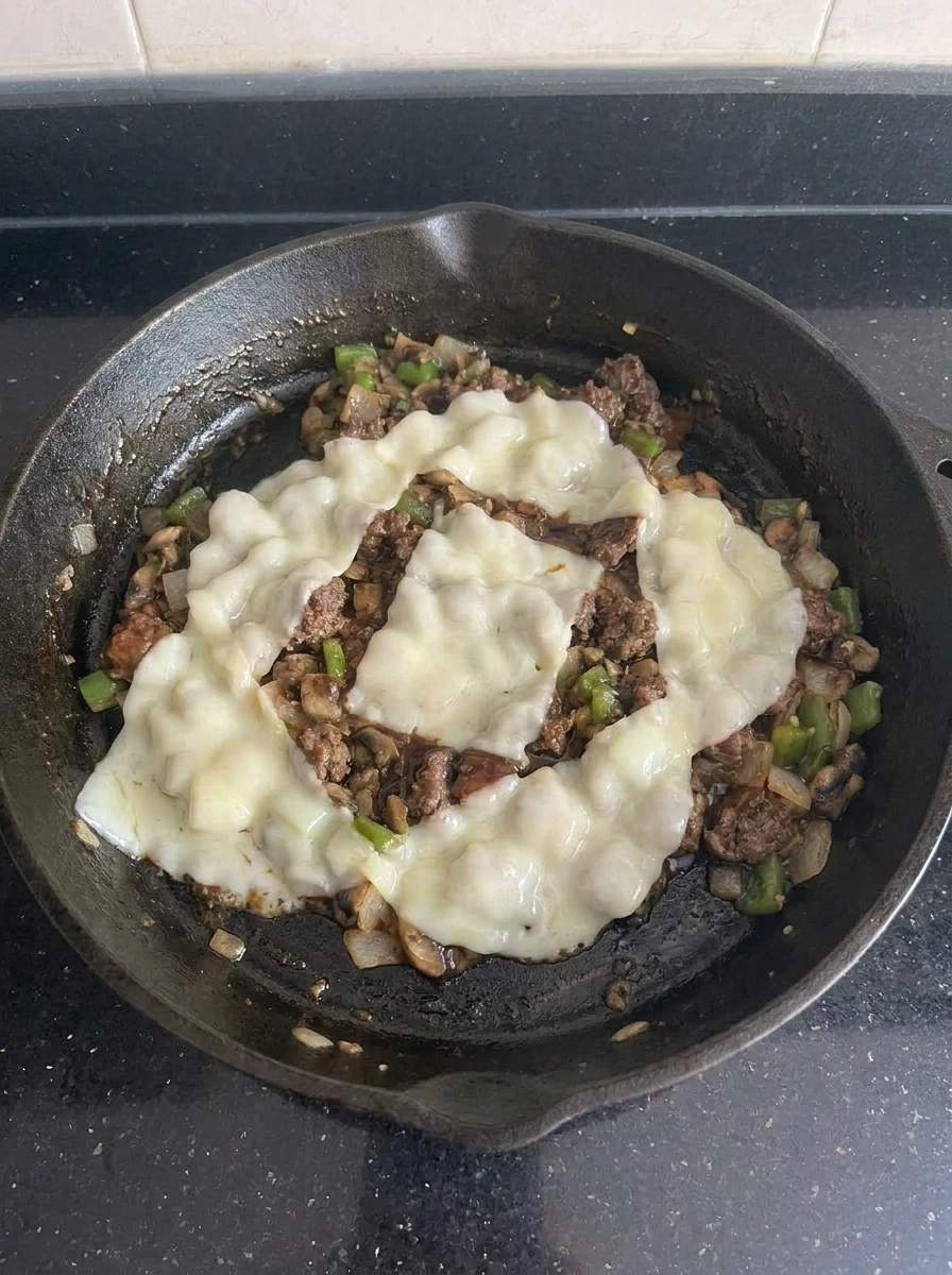 Melted provolone over Cheesesteak Sloppy Joes filling