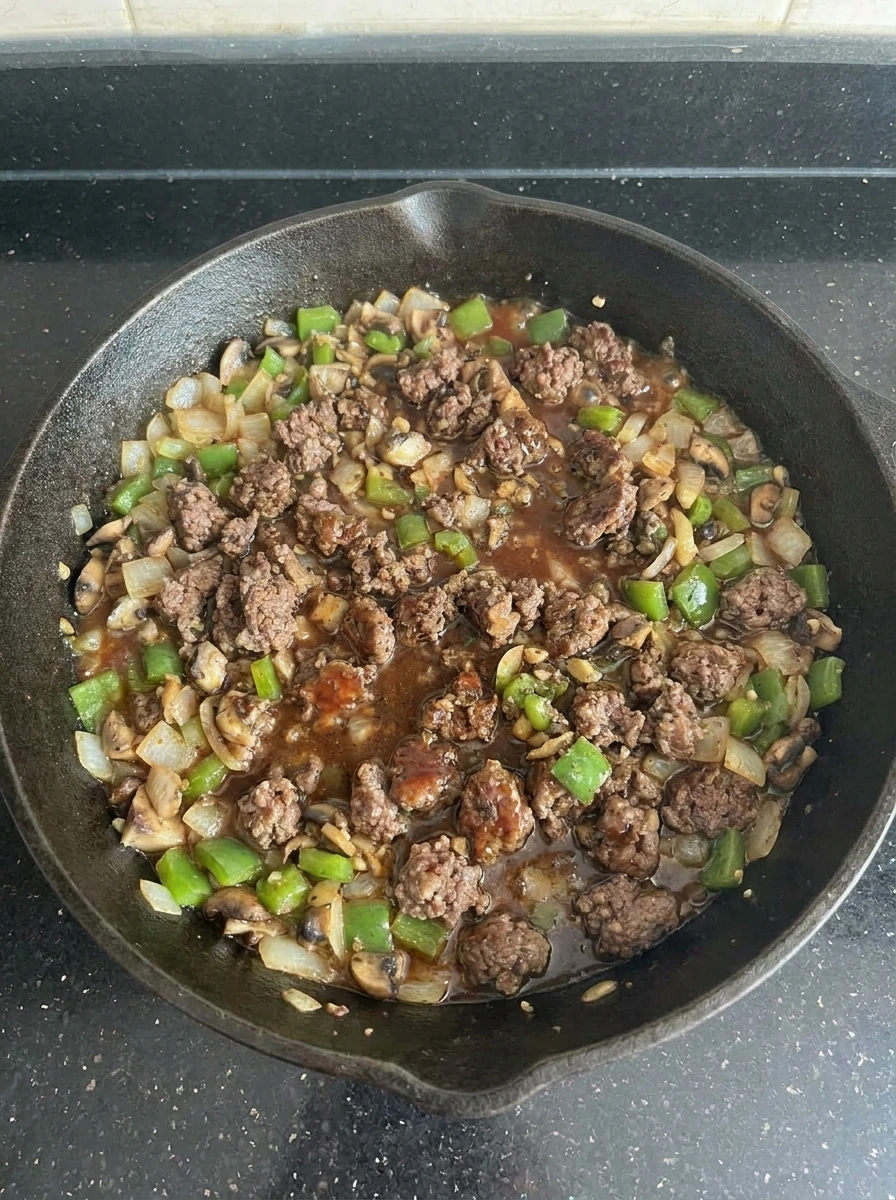 Saucy beef filling for Cheesesteak Sloppy Joes
