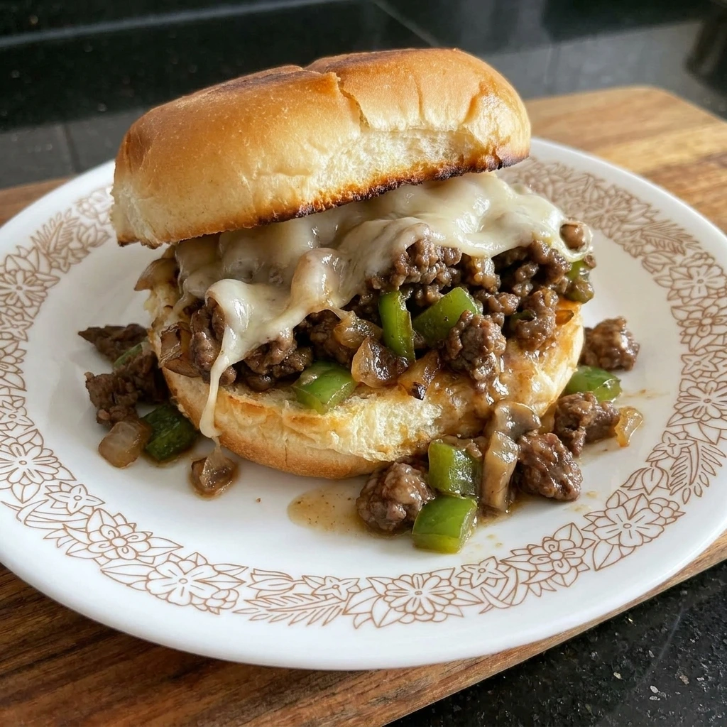 Single served Cheesesteak Sloppy Joe with melted cheese