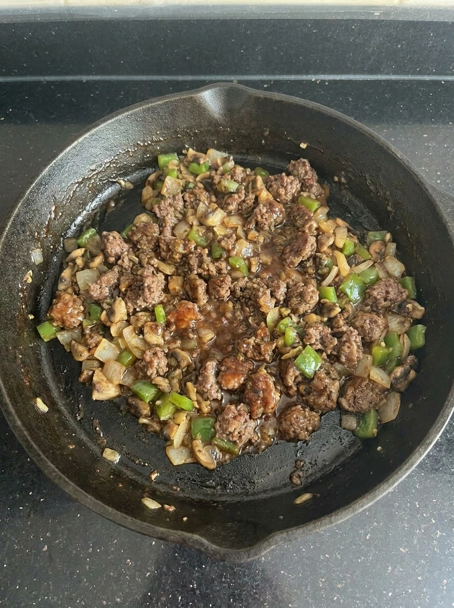 Thickened Cheesesteak Sloppy Joes filling in skillet