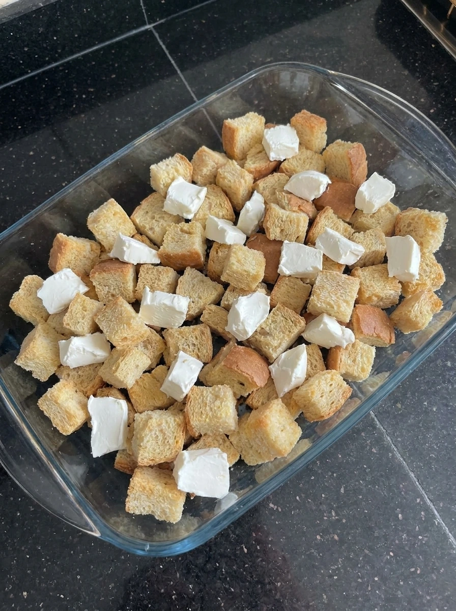 Bread cubes layered with cream cheese in baking dish.