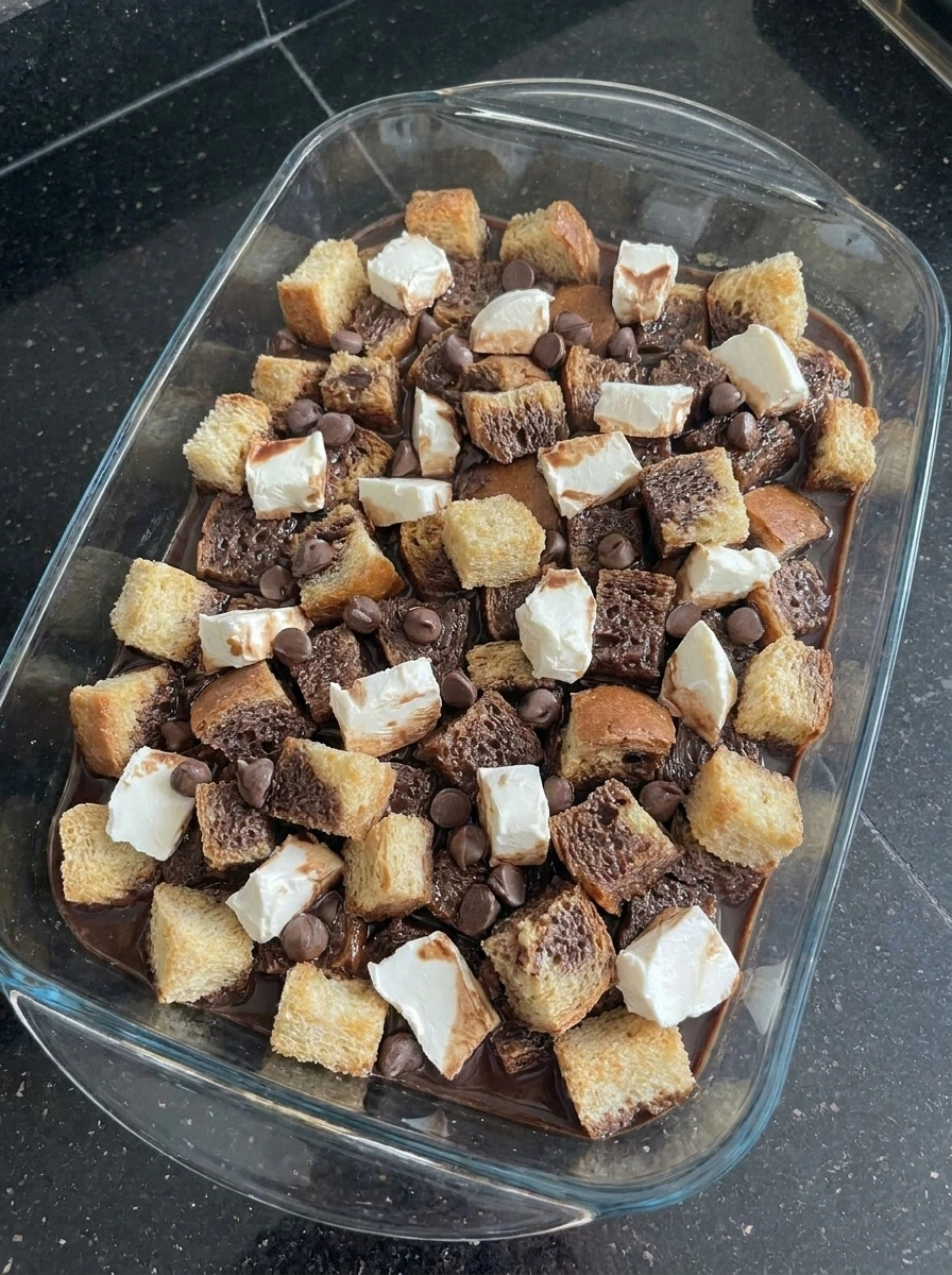 Chocolate chips scattered over soaked bread pudding mixture.