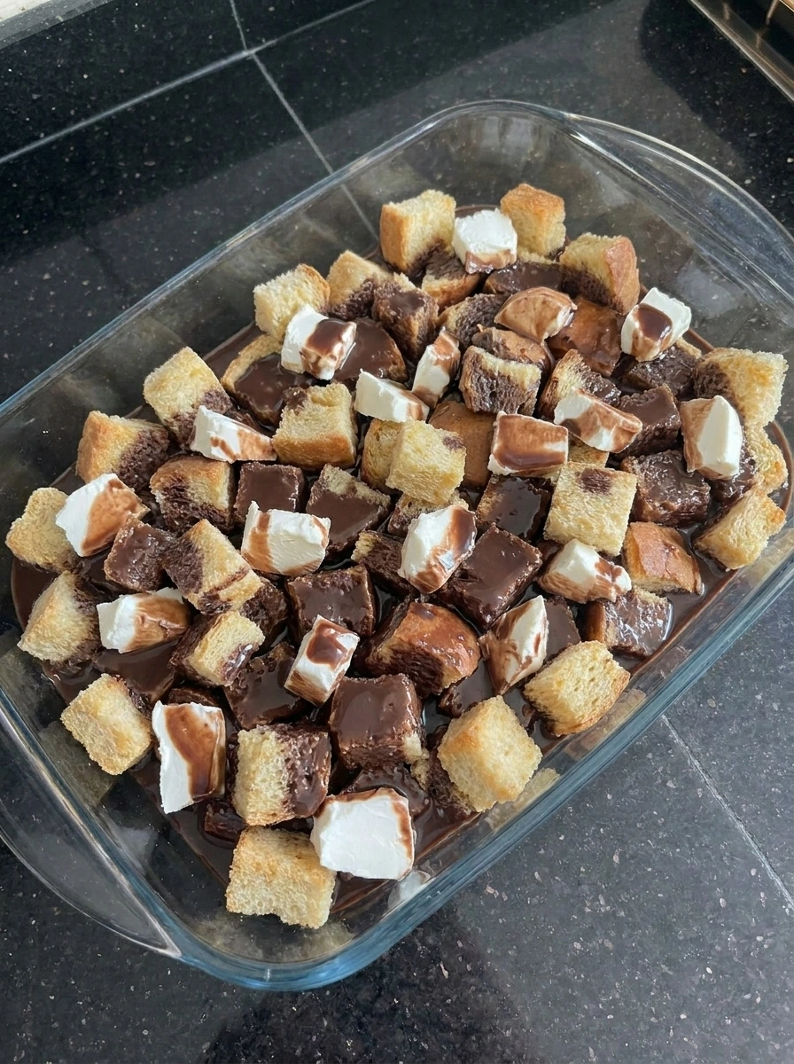 Chocolate custard poured over bread cubes and cream cheese.