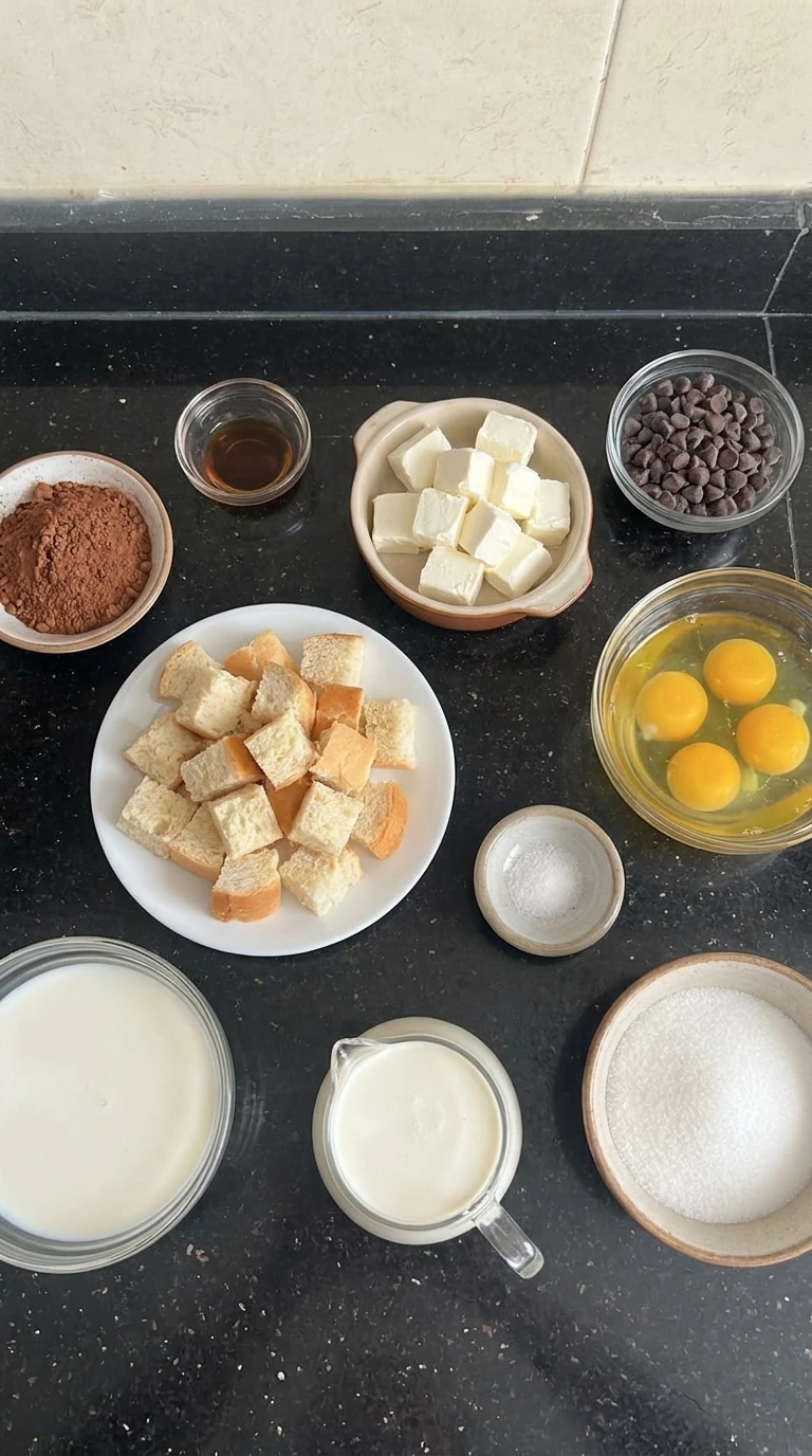Ingredients for Chocolate Cream Cheese Bread Pudding in separate containers.