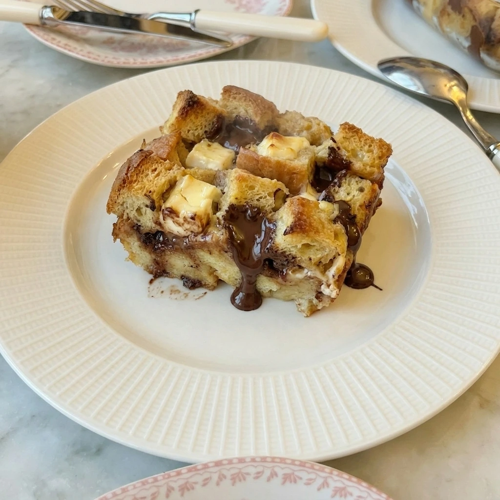 Served portion of Chocolate Cream Cheese Bread Pudding.