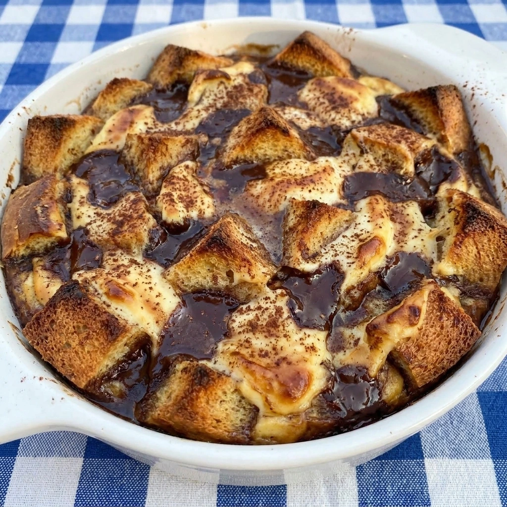 Chocolate Cream Cheese Bread Pudding with melted chocolate and cream cheese swirls.