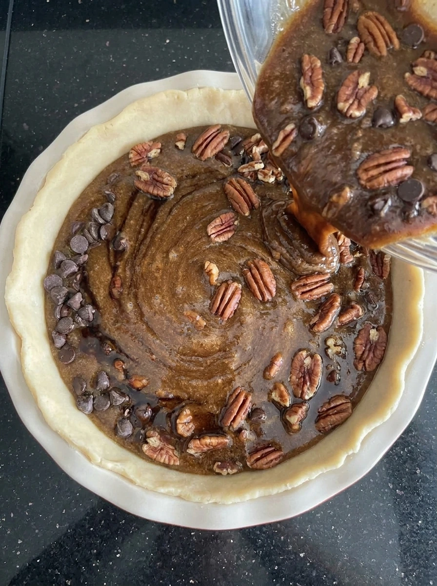 Chocolate pecan filling inside pie crust