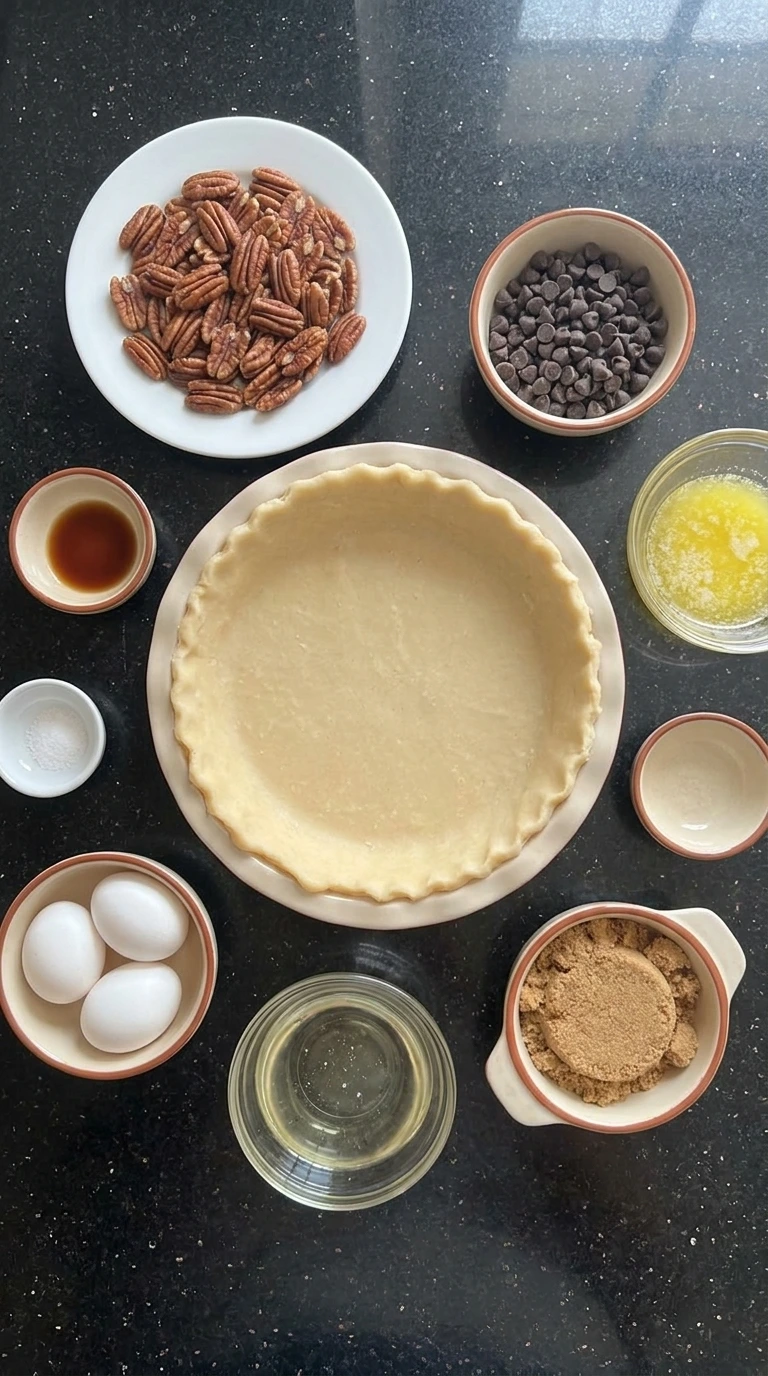 Ingredients for Chocolate Pecan Pie arranged separately