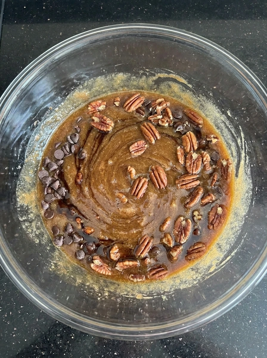 Chocolate pecan filling mixed in bowl