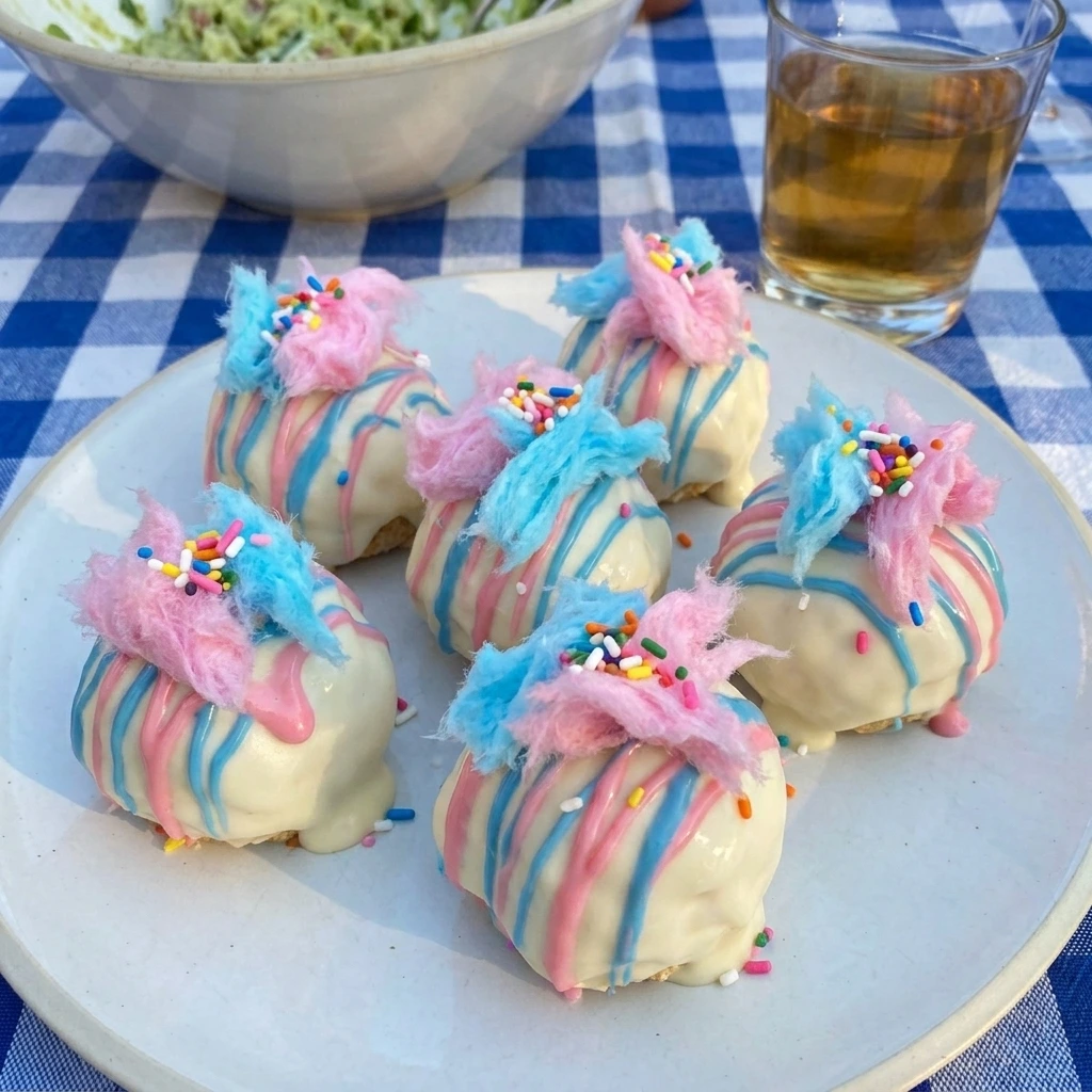Finished Cotton Candy Cheesecake Bombs on plate