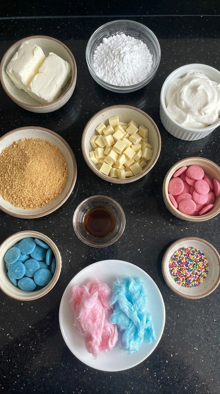 Ingredients for Cotton Candy Cheesecake Bombs arranged in separate containers