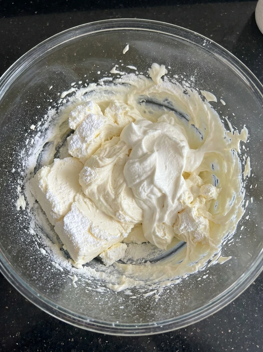 Creamy cheesecake filling mixed in bowl