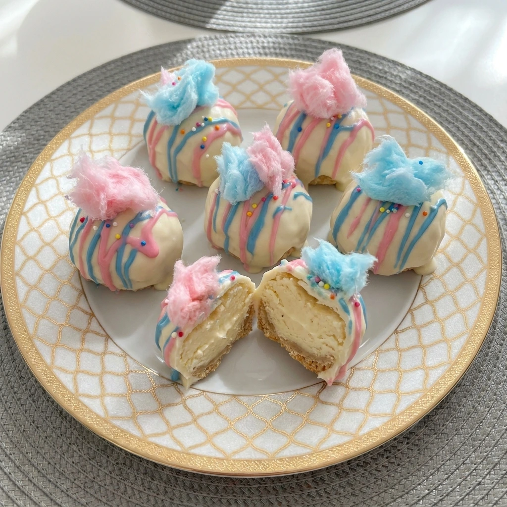 Colorful Cotton Candy Cheesecake Bombs with creamy filling and candy coating