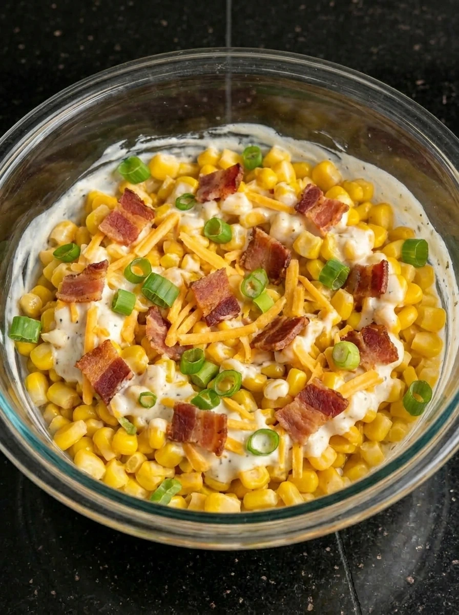Crack Corn Salad mixed with bacon cheese and green onions.