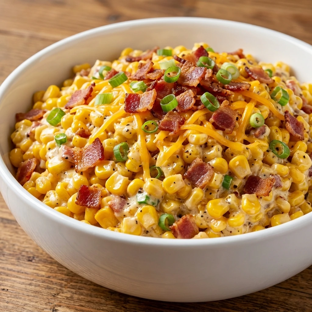 Creamy Crack Corn Salad with bacon cheddar cheese and green onions.