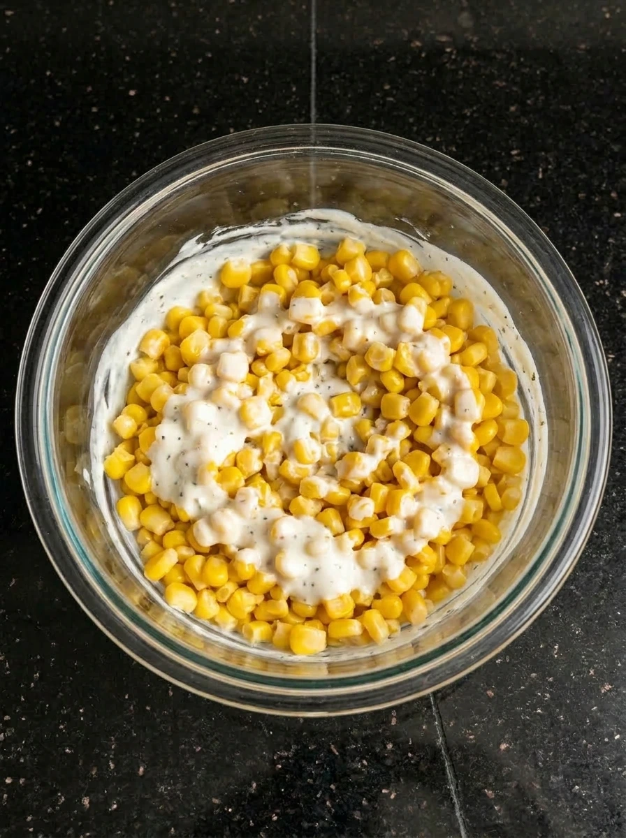 Corn mixed into creamy dressing for Crack Corn Salad.