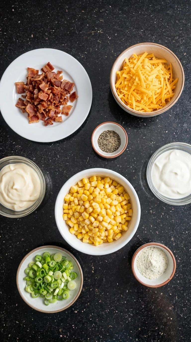 Ingredients for Crack Corn Salad separated into small containers.