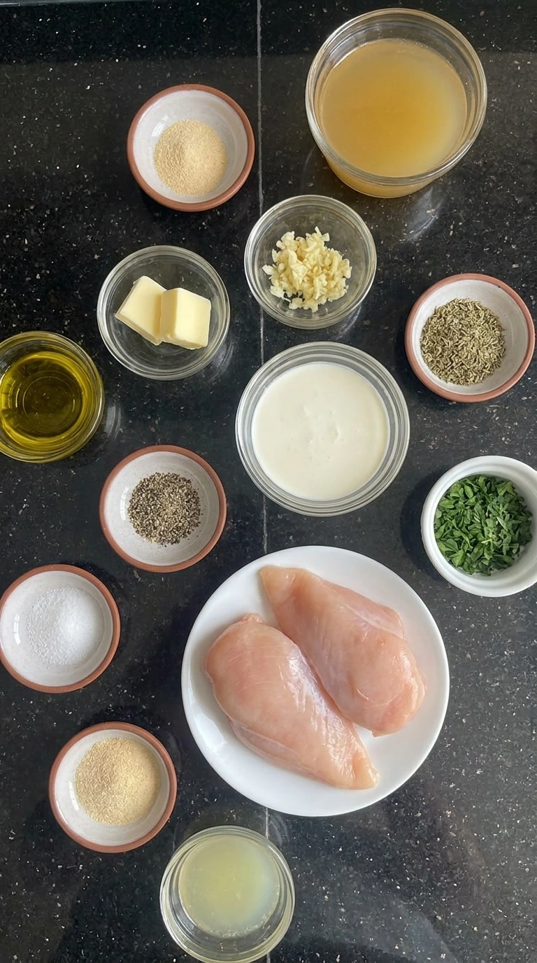 Ingredients for Creamy Herb Chicken arranged in separate containers