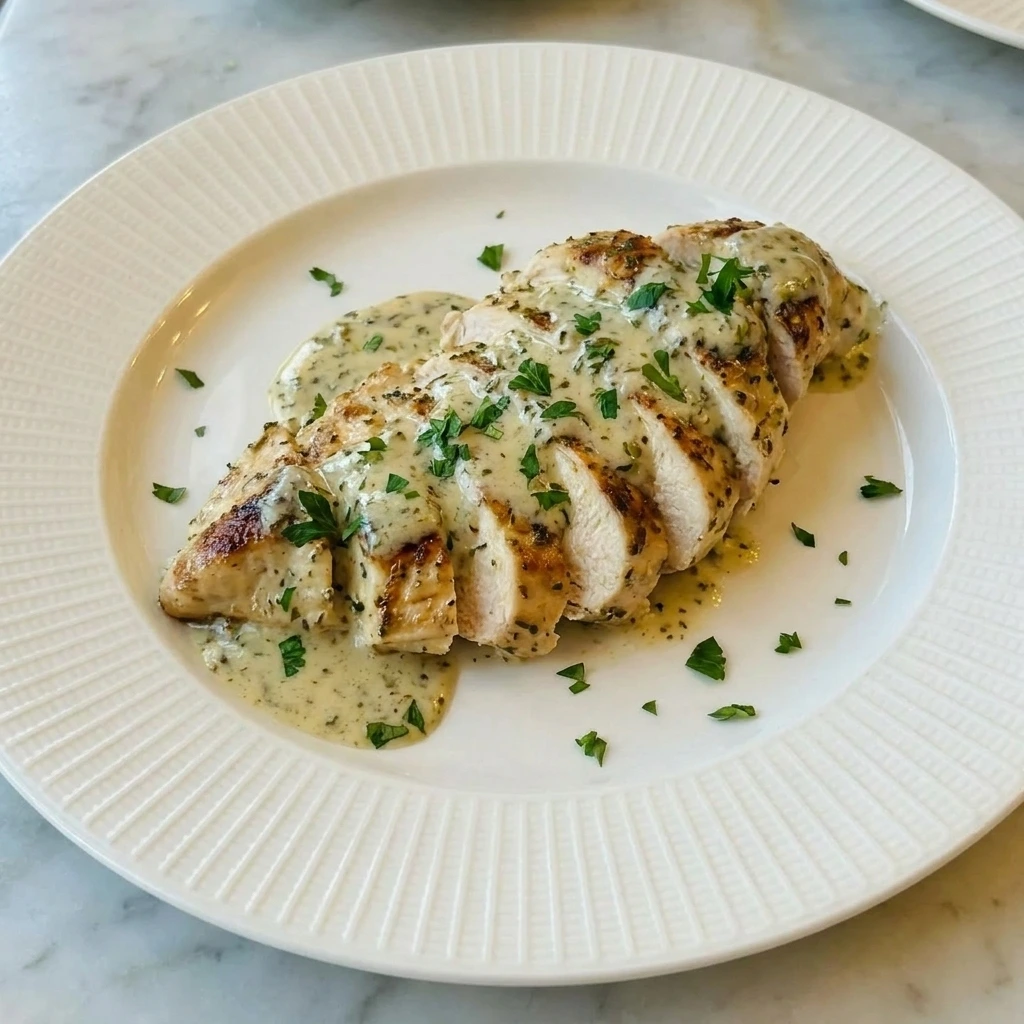 One plated portion of Creamy Herb Chicken with creamy sauce