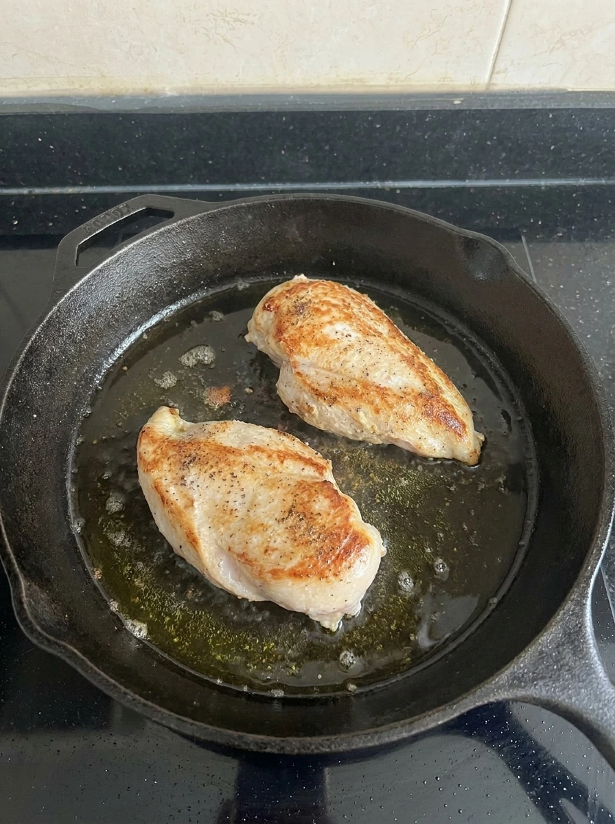Chicken breasts seared golden for Creamy Herb Chicken