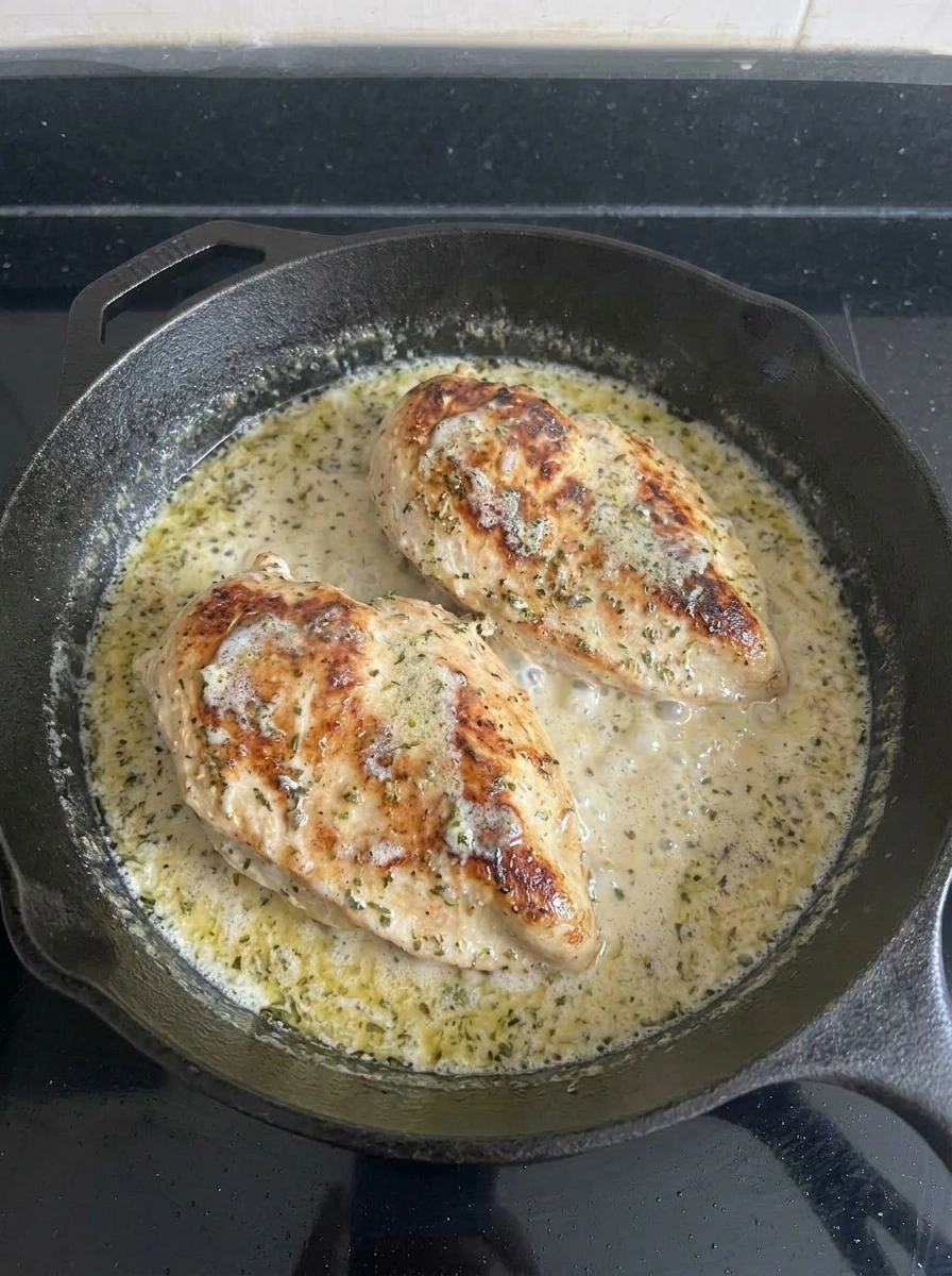 Creamy Herb Chicken simmering in thick herb sauce