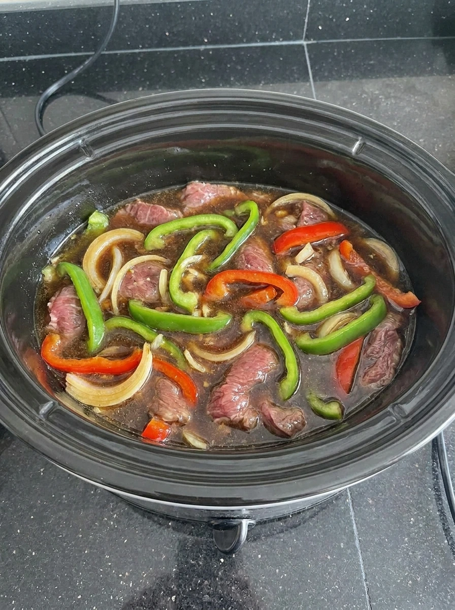 Savory broth mixture poured over beef and peppers