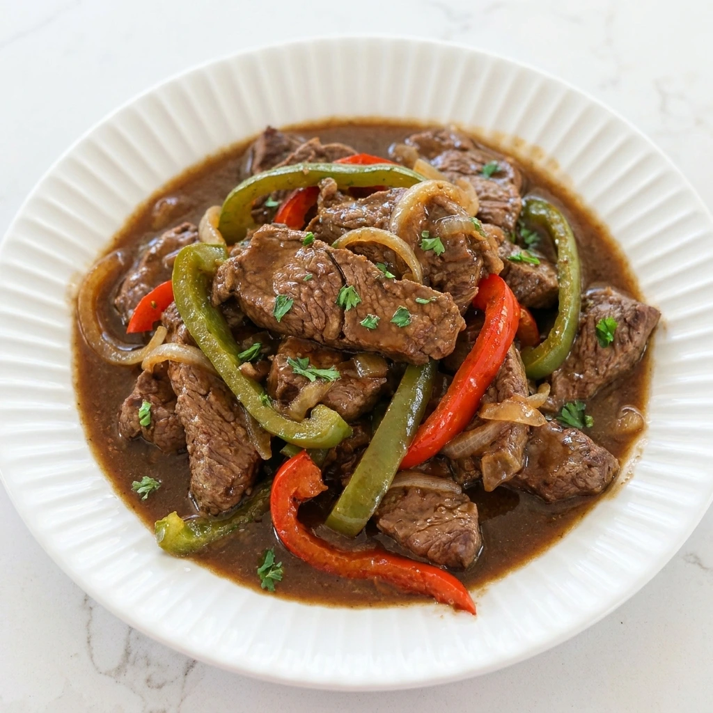 Crockpot Pepper Steak with tender beef and peppers in savory sauce