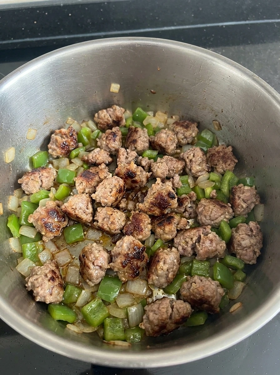 Browned sausage with peppers and onions
