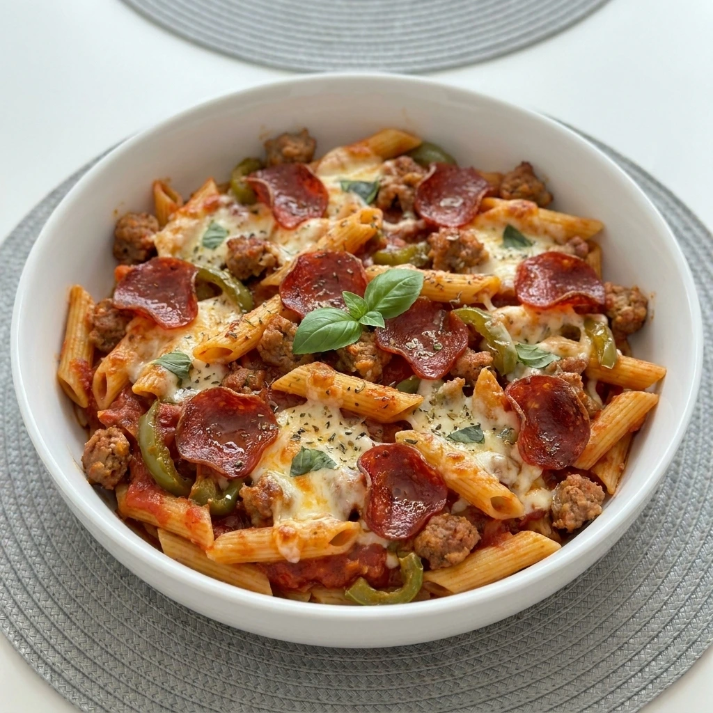 Crockpot Pizza Pasta with melted cheese and pepperoni in serving bowl
