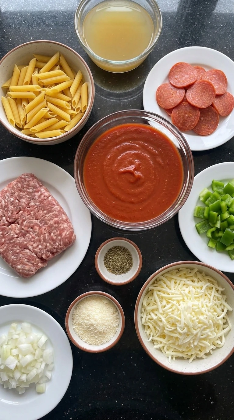 Ingredients for Crockpot Pizza Pasta arranged in separate containers