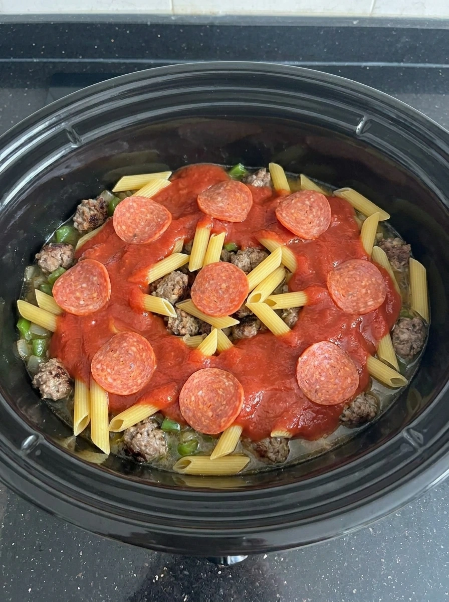 Pasta layered with pizza sauce and pepperoni