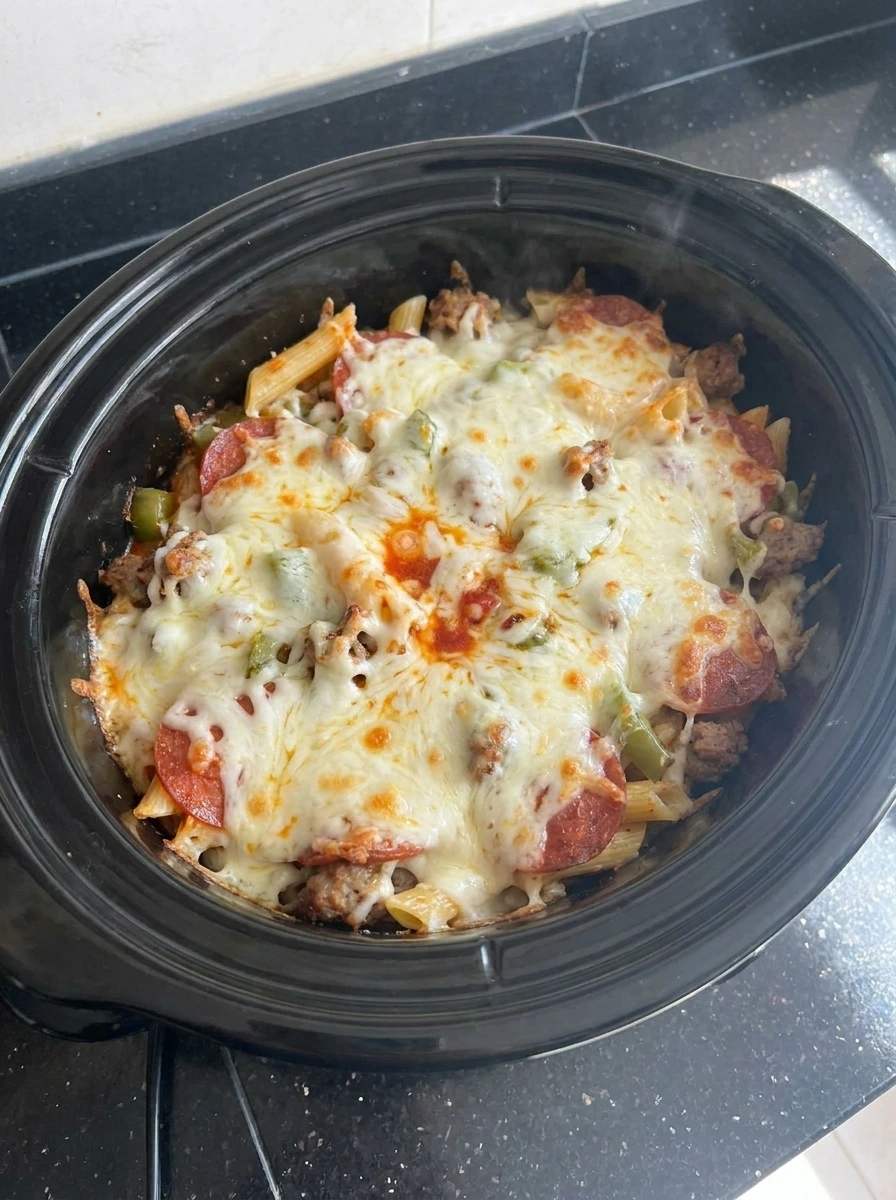 Pizza pasta topped with melted mozzarella cheese