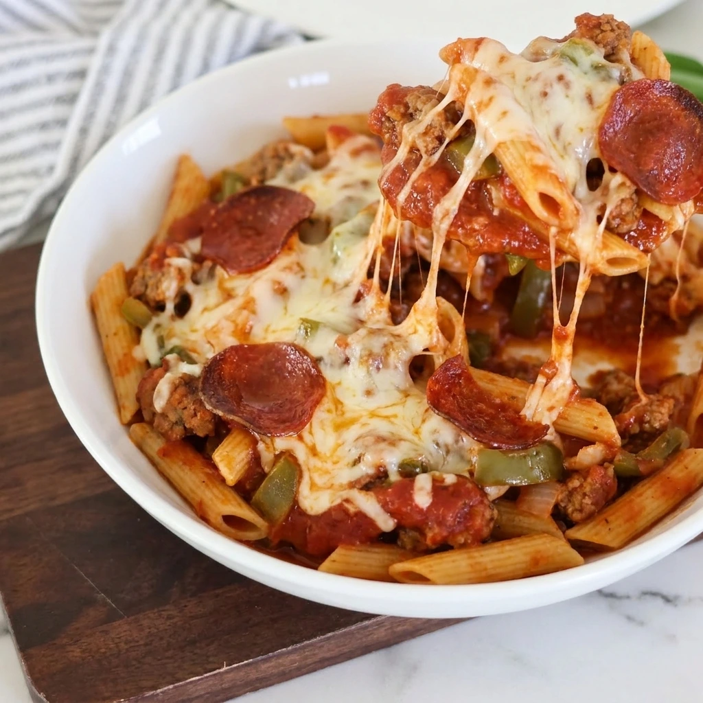 Served bowl of Crockpot Pizza Pasta