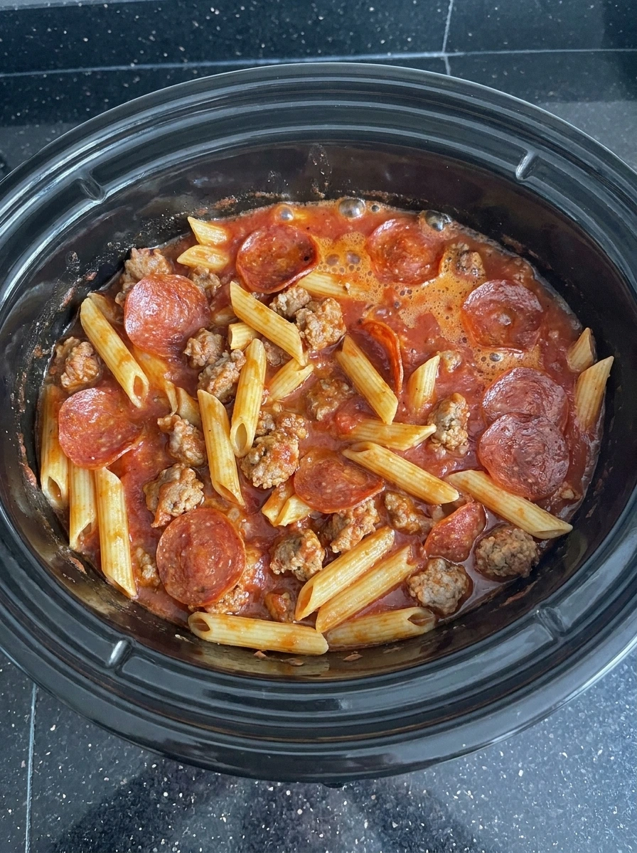 Slow cooked pizza pasta with thick sauce