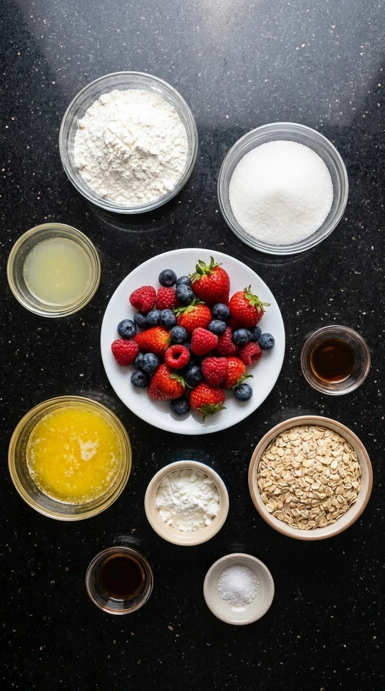 ingredients for berry crumble bars in bowls