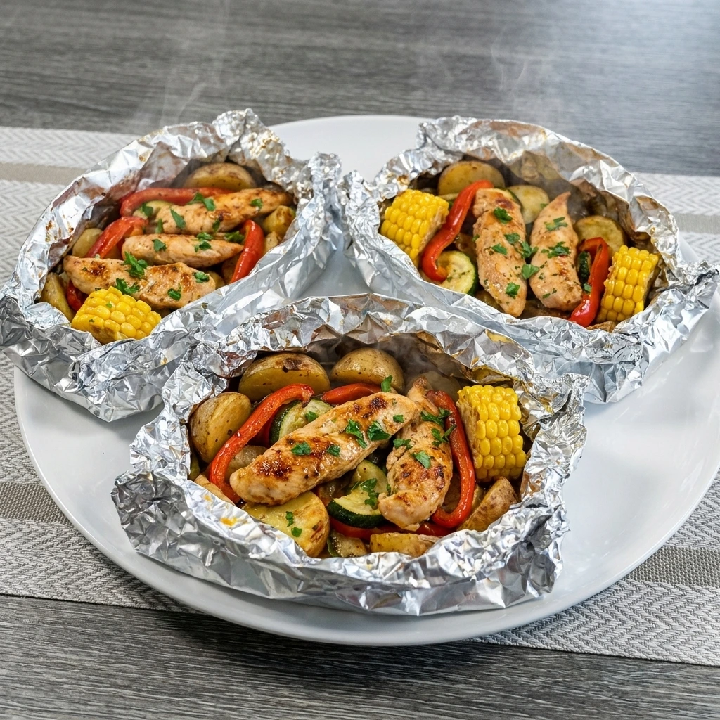 Foil Pack Meals with chicken potatoes corn and vegetables in opened foil packets