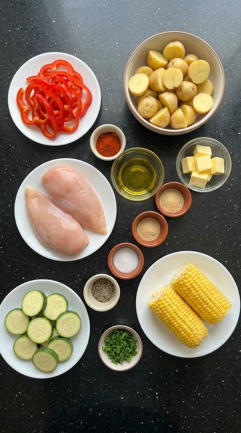 Ingredients for Foil Pack Meals arranged in separate containers