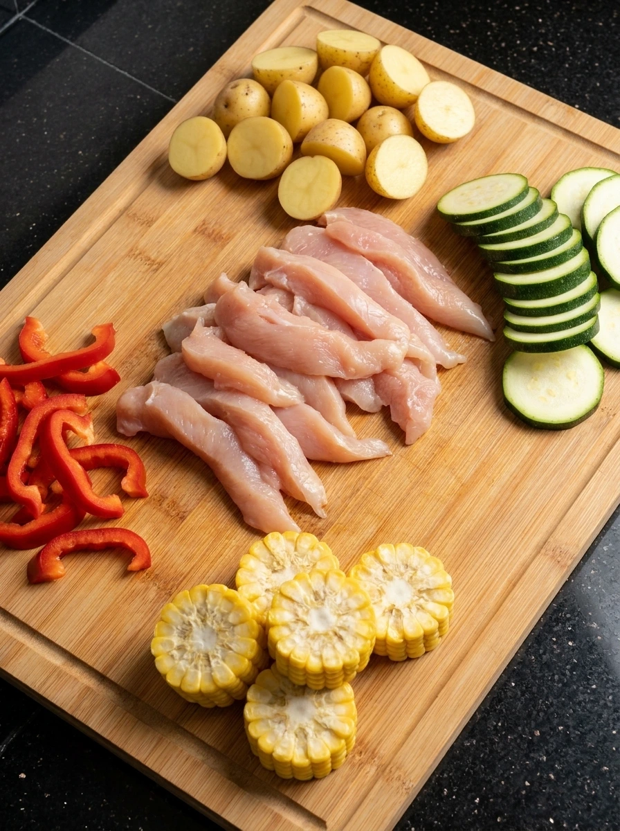 Sliced chicken and vegetables prepared for foil packets