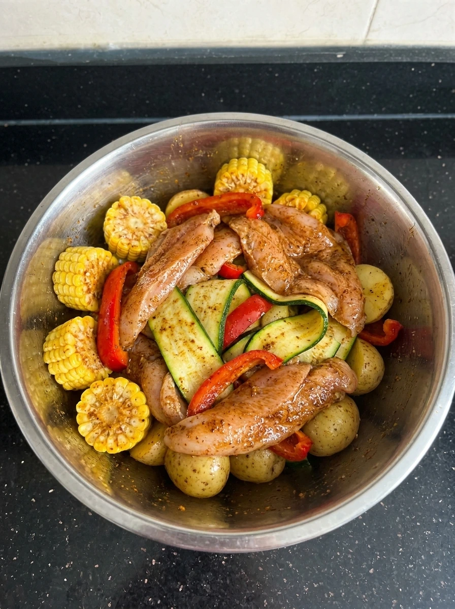 Seasoned chicken and vegetables for foil packets