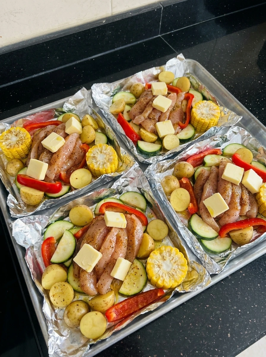Foil packets filled with chicken vegetables and butter