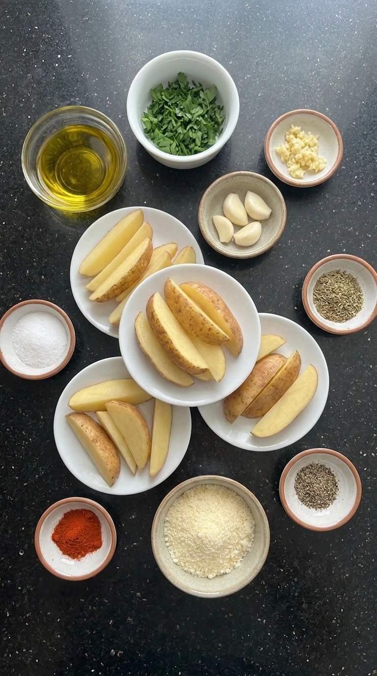 Ingredients for Garlic Parmesan Potato Wedges in separate containers