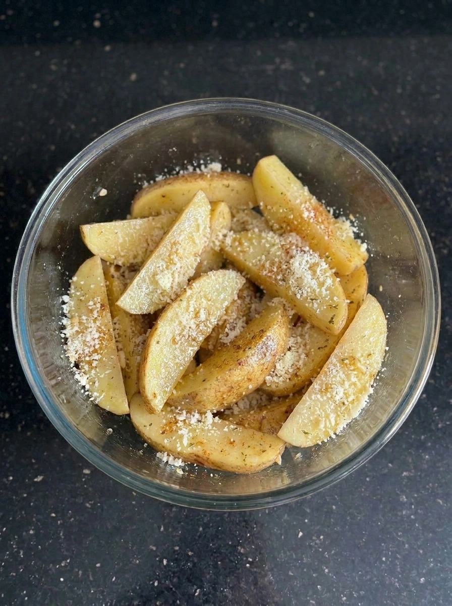 Potato wedges coated with parmesan cheese and garlic